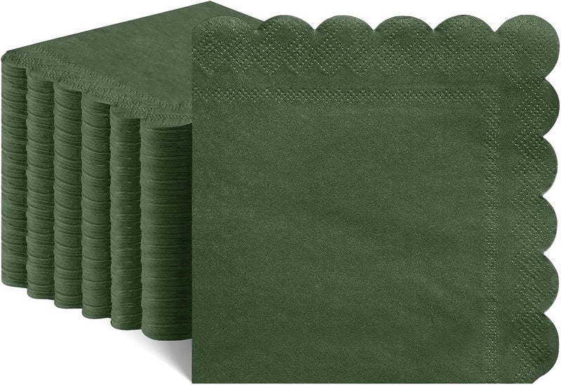 NatNarr 120 Pcs Cocktail Napkins Olive Green Napkins Disposable Scalloped Dessert Beverage Napkin Dark Green Dinner Napkin for Wedding, Bridal Baby Shower, Christmas, 5 x 5 Inch - Image 1